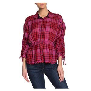 Free People Women's Pacific Dawn Drawstring Plaid Shirt, Red/Pink Multi
